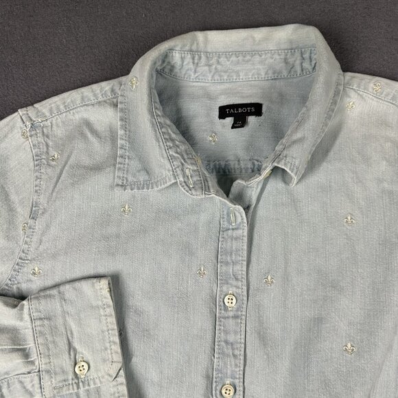 Talbots Shirt Womens 14 Button Down Embroidered Fleur De Lis Long Sleeve Blouse - Picture 6 of 11